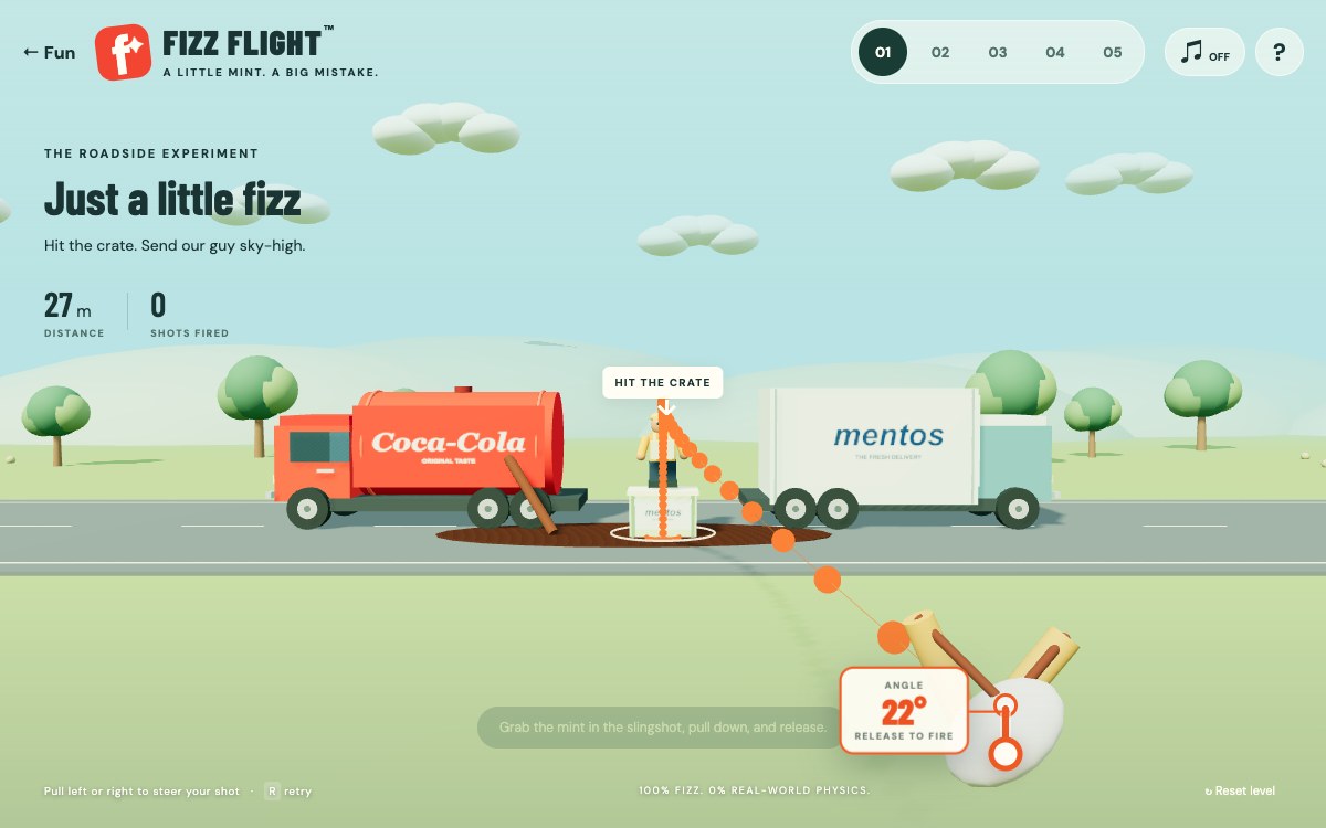 Fizz Flight: a 3D Coke and Mentos roadside scene with a slingshot and delivery trucks